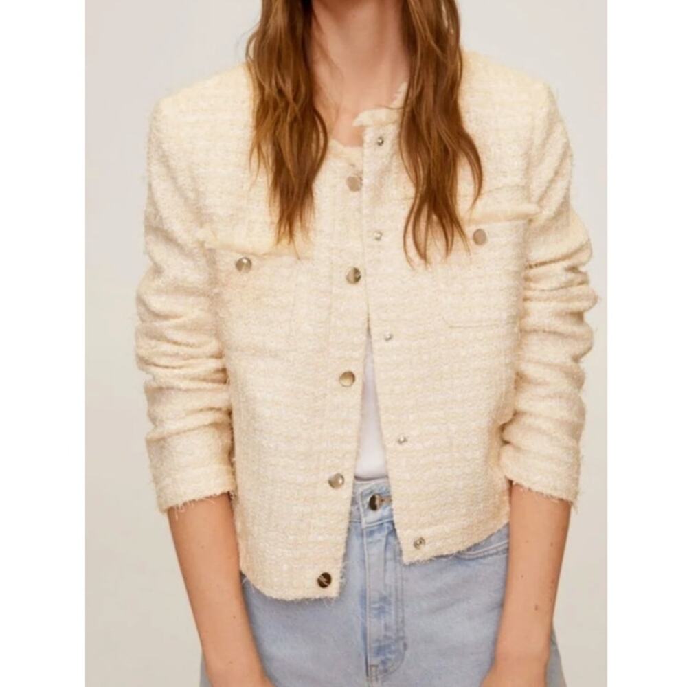Mango MNG Tweed Lady Jacket Womens S Cream Cropped Long Sleeve